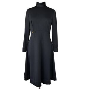 Vintage 60s Alfred Werber Black A-line Dress Long Sleeve Mock Neck